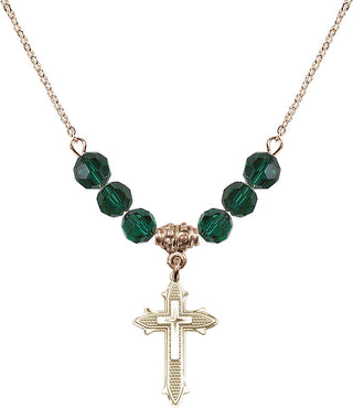 18" Hamilton Gold Plated Necklace with 4mm Emerald Crystal Beads featuring a 14kt Gold Filled Cross on Cross Medal. Engraved Catholic Saint Jewelry