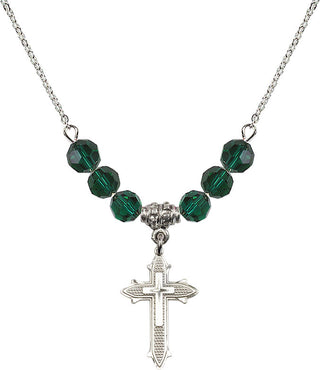 18" Rhodium Plated Necklace with 4mm Emerald Crystal Beads featuring a Sterling Silver Cross on Cross Medal. Engraved Catholic Saint Jewelry