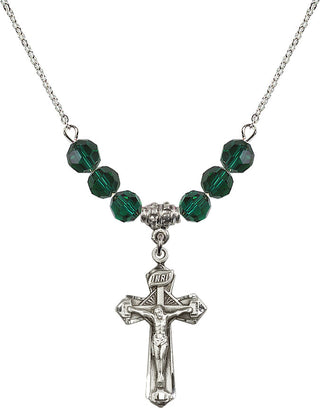 18" Rhodium Plated Necklace with 4mm Emerald Crystal Beads featuring a Sterling Silver Crucifix Medal.