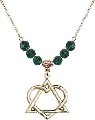 18" Hamilton Gold Plated Necklace with 4mm Emerald Crystal Beads featuring a 14kt Gold Filled Adoption Heart Medal.