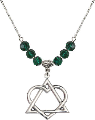 18" Rhodium Plated Necklace with 4mm Emerald Crystal Beads featuring a Sterling Silver Adoption Heart Medal.