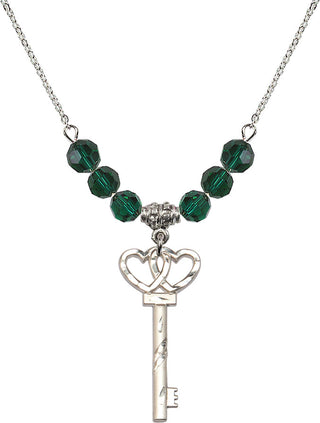 18" Rhodium Plated Necklace with 4mm Emerald Crystal Beads featuring a Sterling Silver Small Key w/Double Hearts Medal.