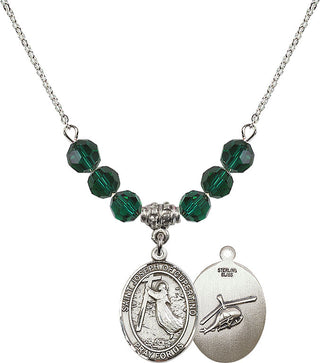 18" Rhodium Plated Necklace with 4mm Emerald Crystal Beads featuring a Sterling Silver Saint Joseph of Cupertino/Heleco Medal.