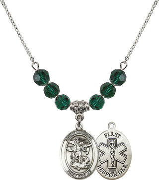 18" Rhodium Plated Necklace with 4mm Emerald Crystal Beads featuring a Sterling Silver Saint Michael/1St Responder Medal.