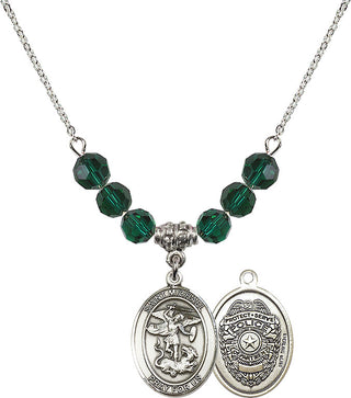 18" Rhodium Plated Necklace with 4mm Emerald Crystal Beads featuring a Sterling Silver Saint Michael the Archangel Medal.