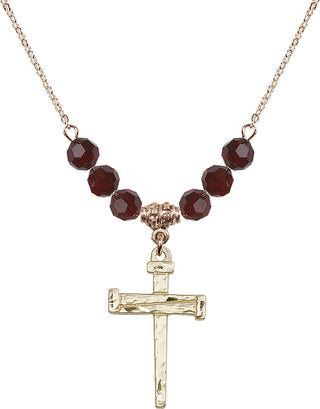 18" Hamilton Gold Plated Necklace with 4mm Garnet Crystal Beads featuring a 14kt Gold Filled Nail Cross Medal.