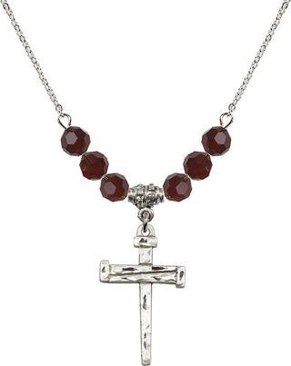 18" Rhodium Plated Necklace with 4mm Garnet Crystal Beads featuring a Sterling Silver Nail Cross Medal.