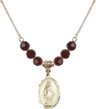 18" Hamilton Gold Plated Necklace with 4mm Garnet Crystal Beads featuring a 14kt Gold Filled Miraculous Medal.