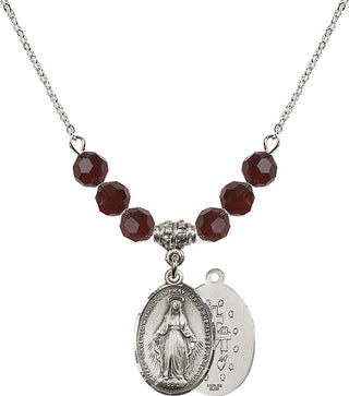 18" Rhodium Plated Necklace with 4mm Garnet Crystal Beads featuring a Sterling Silver Miraculous Medal.