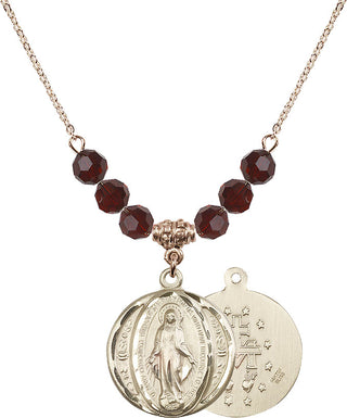 18" Hamilton Gold Plated Necklace with 4mm Garnet Crystal Beads featuring a 14kt Gold Filled Miraculous Medal.