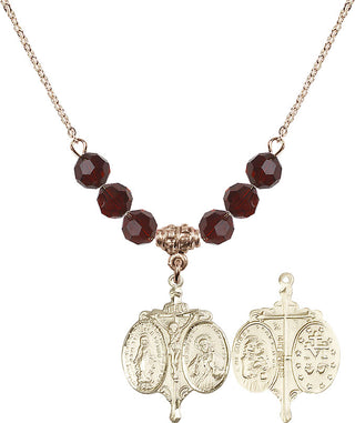 18" Hamilton Gold Plated Necklace with 4mm Garnet Crystal Beads featuring a 14kt Gold Filled Novena Medal.