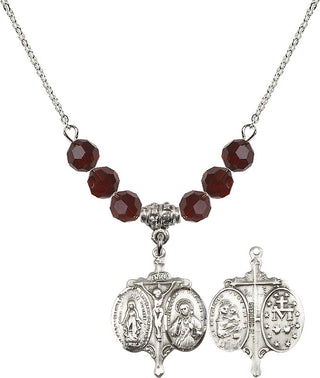 18" Rhodium Plated Necklace with 4mm Garnet Crystal Beads featuring a Sterling Silver Novena Medal.