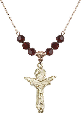 18" Hamilton Gold Plated Necklace with 4mm Garnet Crystal Beads featuring a 14kt Gold Filled Trinity Crucifix Medal.