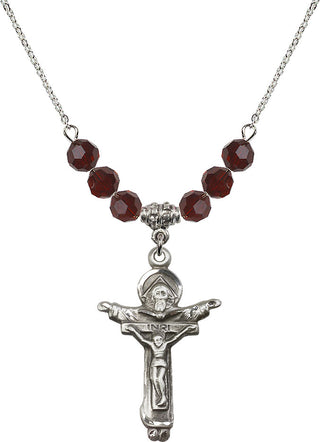 18" Rhodium Plated Necklace with 4mm Garnet Crystal Beads featuring a Sterling Silver Trinity Crucifix Medal.