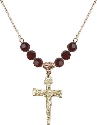 18" Hamilton Gold Plated Necklace with 4mm Garnet Crystal Beads featuring a 14kt Gold Filled Nail Crucifix Medal.
