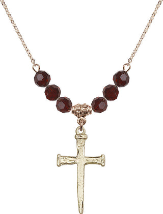 18" Hamilton Gold Plated Necklace with 4mm Garnet Crystal Beads featuring a 14kt Gold Filled Nail Cross Medal.