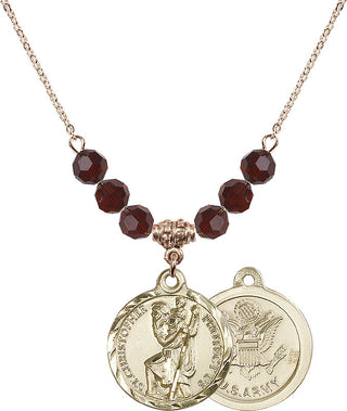 18" Hamilton Gold Plated Necklace with 4mm Garnet Crystal Beads featuring a 14kt Gold Filled Saint Christopher / Army Medal.
