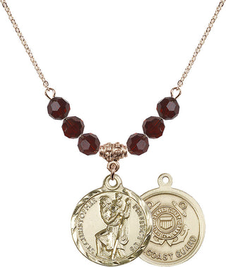 18" Hamilton Gold Plated Necklace with 4mm Garnet Crystal Beads featuring a 14kt Gold Filled Saint Christopher / Coast Guard Medal.