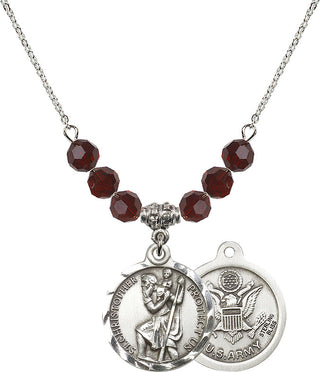 18" Rhodium Plated Necklace with 4mm Garnet Crystal Beads featuring a Sterling Silver Saint Christopher / Army Medal.