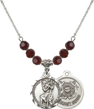 18" Rhodium Plated Necklace with 4mm Garnet Crystal Beads featuring a Sterling Silver Saint Christopher / Coast Guard Medal.