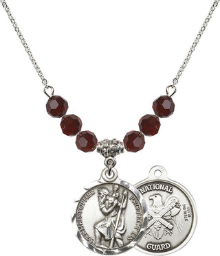 18" Rhodium Plated Necklace with 4mm Garnet Crystal Beads featuring a Sterling Silver Saint Christopher / Nat'l Guard Medal.