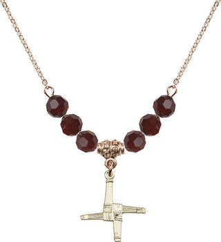 18" Hamilton Gold Plated Necklace with 4mm Garnet Crystal Beads featuring a 14kt Gold Filled Saint Brigid Cross Medal.