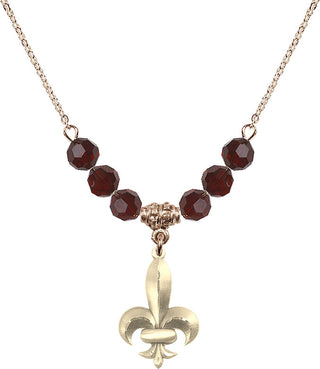 18" Hamilton Gold Plated Necklace with 4mm Garnet Crystal Beads featuring a 14kt Gold Filled Fleur de Lis Medal.