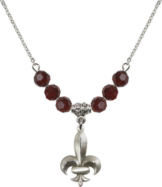 18" Rhodium Plated Necklace with 4mm Garnet Crystal Beads featuring a Sterling Silver Fleur de Lis Medal.