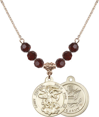 18" Hamilton Gold Plated Necklace with 4mm Garnet Crystal Beads featuring a 14kt Gold Filled Saint Michael / Army Medal.