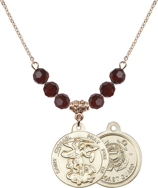 18" Hamilton Gold Plated Necklace with 4mm Garnet Crystal Beads featuring a 14kt Gold Filled Saint Michael / Coast Guard Medal.
