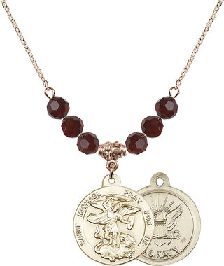18" Hamilton Gold Plated Necklace with 4mm Garnet Crystal Beads featuring a 14kt Gold Filled Saint Michael / Navy Medal.