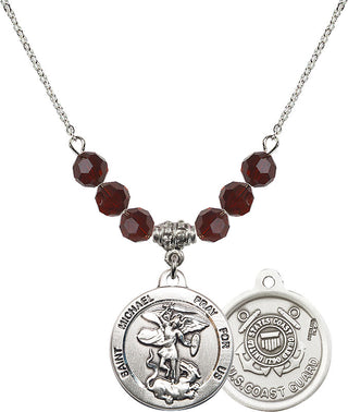 18" Rhodium Plated Necklace with 4mm Garnet Crystal Beads featuring a Sterling Silver Saint Michael / Coast Guard Medal.