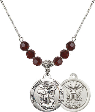 18" Rhodium Plated Necklace with 4mm Garnet Crystal Beads featuring a Sterling Silver Saint Michael / Navy Medal.