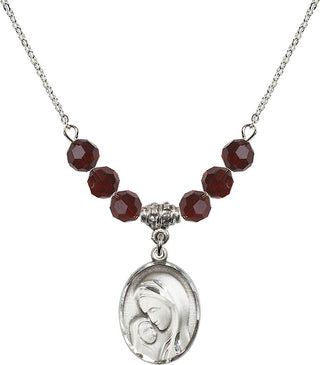 18" Rhodium Plated Necklace with 4mm Garnet Crystal Beads featuring a Sterling Silver Madonna & Child Medal.