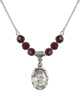 18" Rhodium Plated Necklace with 4mm Garnet Crystal Beads featuring a Sterling Silver Guardian Angel Medal. Engraved Catholic Saint Jewelry