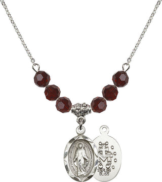 18" Rhodium Plated Necklace with 4mm Garnet Crystal Beads featuring a Sterling Silver Miraculous Medal.