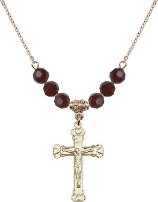 18" Hamilton Gold Plated Necklace with 4mm Garnet Crystal Beads featuring a 14kt Gold Filled Crucifix Medal.