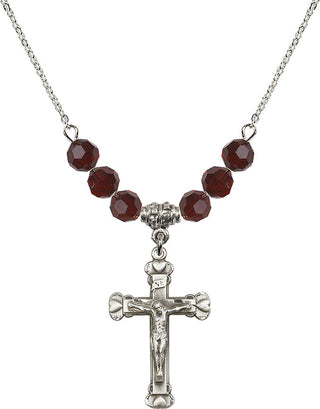 18" Rhodium Plated Necklace with 4mm Garnet Crystal Beads featuring a Sterling Silver Crucifix Medal.