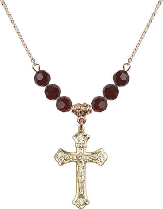 18" Hamilton Gold Plated Necklace with 4mm Garnet Crystal Beads featuring a 14kt Gold Filled Crucifix Medal.