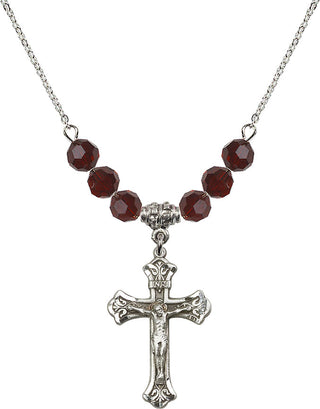 18" Rhodium Plated Necklace with 4mm Garnet Crystal Beads featuring a Sterling Silver Crucifix Medal.