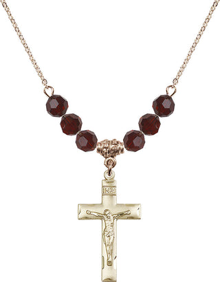 18" Hamilton Gold Plated Necklace with 4mm Garnet Crystal Beads featuring a 14kt Gold Filled Crucifix Medal.