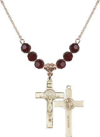 18" Hamilton Gold Plated Necklace with 4mm Garnet Crystal Beads featuring a 14kt Gold Filled Saint Benedict Crucifix Medal.