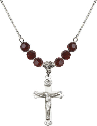 18" Rhodium Plated Necklace with 4mm Garnet Crystal Beads featuring a Sterling Silver Crucifix Medal.