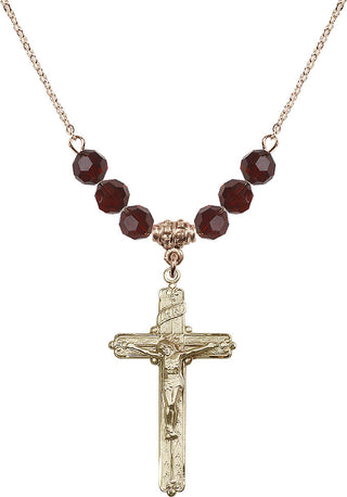 18" Hamilton Gold Plated Necklace with 4mm Garnet Crystal Beads featuring a 14kt Gold Filled Crucifix Medal.