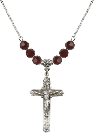 18" Rhodium Plated Necklace with 4mm Garnet Crystal Beads featuring a Sterling Silver Crucifix Medal.
