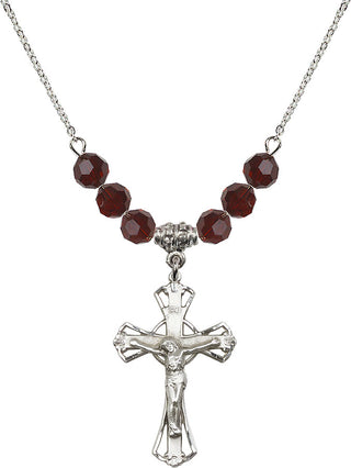 18" Rhodium Plated Necklace with 4mm Garnet Crystal Beads featuring a Sterling Silver Crucifix Medal.
