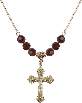 18" Hamilton Gold Plated Necklace with 4mm Garnet Crystal Beads featuring a 14kt Gold Filled Crucifix Medal.
