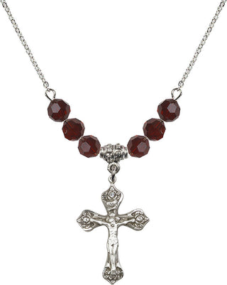18" Rhodium Plated Necklace with 4mm Garnet Crystal Beads featuring a Sterling Silver Crucifix Medal.