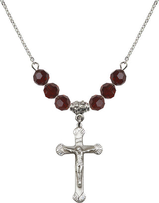 18" Rhodium Plated Necklace with 4mm Garnet Crystal Beads featuring a Sterling Silver Crucifix Medal.