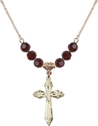 18" Hamilton Gold Plated Necklace with 4mm Garnet Crystal Beads featuring a 14kt Gold Filled Cross Medal.